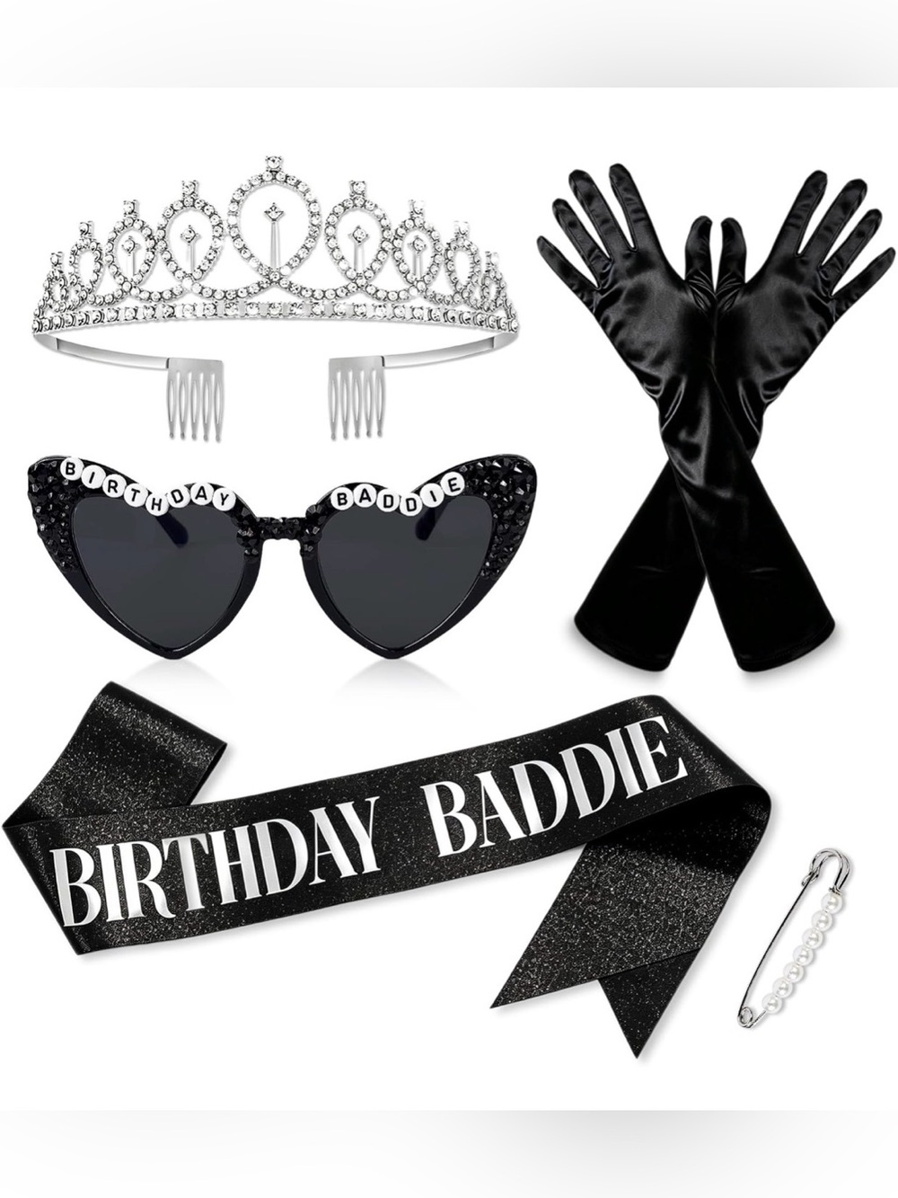 Birthday Baddie Sash Heart Sunglasses Silver Tiara Opera Gloves